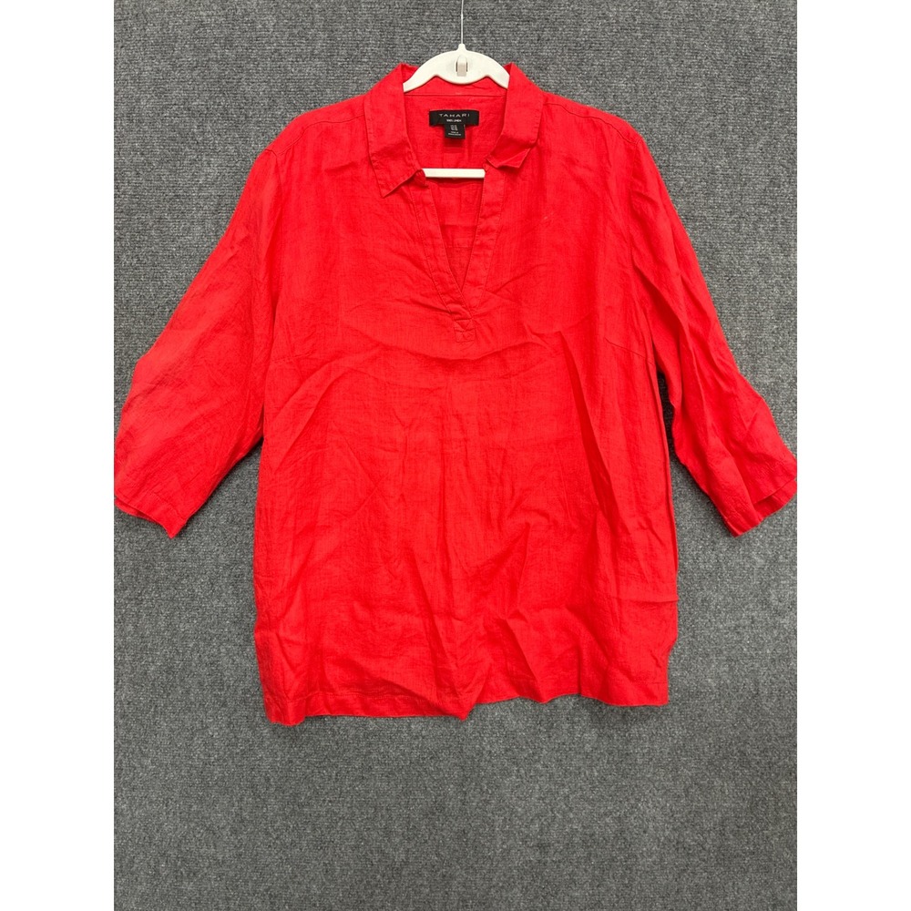 Tahari Red 100% Linen V-Neck Tunic Top 3/4 Sleeve Plus Size 1X